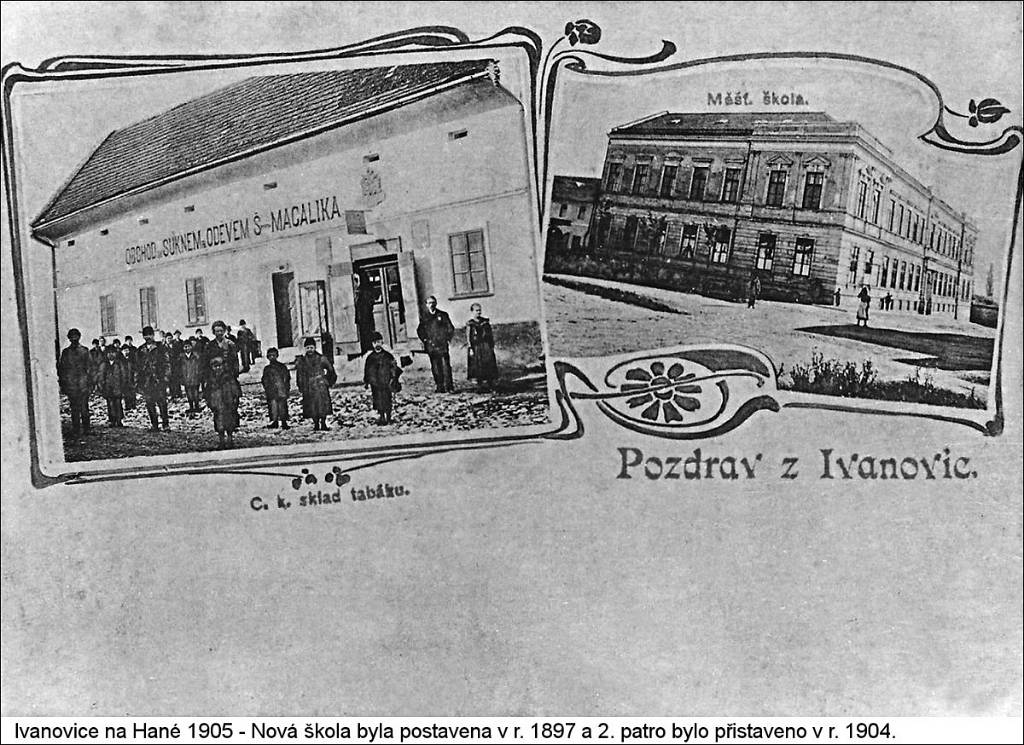 001_1905_ivan_2x_pohled_p.jpg - Ivanovice na Hané 1905 - Nová škola byla postavena v r. 1897 a 2. patro bylo přistaveno v r. 1904.