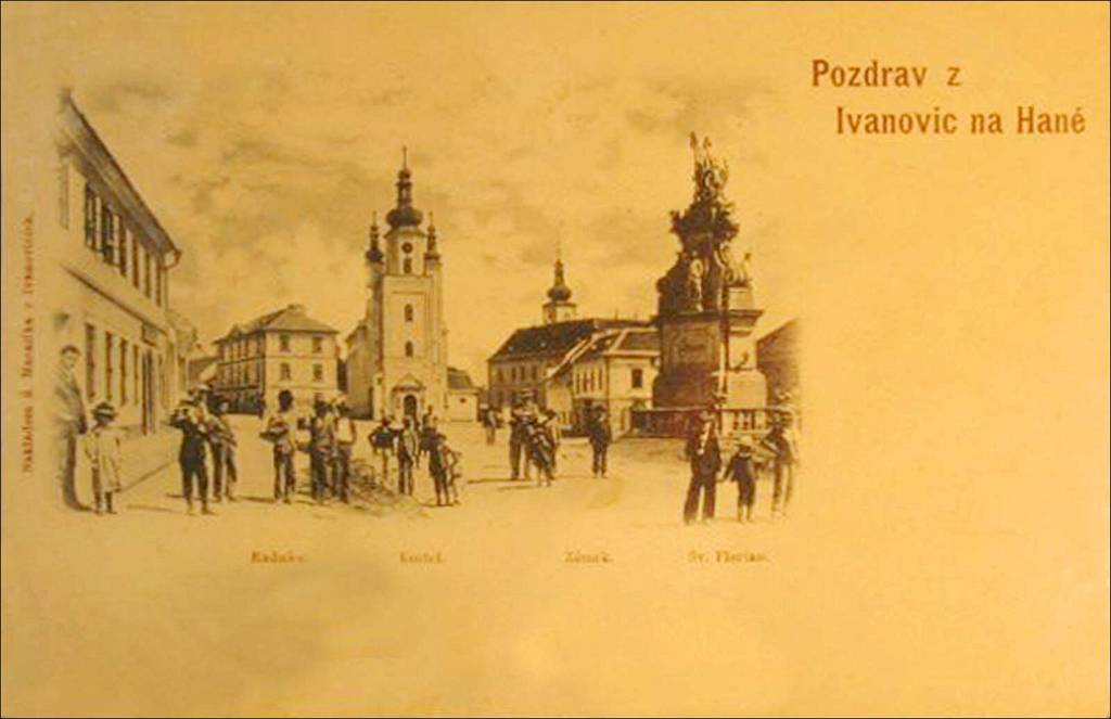 028_ivanovice-namesti-pohled-w.jpg - Pozdrav z Ivanovic na Hané - náměstí s radnicí, kostelem sv. Ondřeje, zámkem a sousoším sv. Floriána.