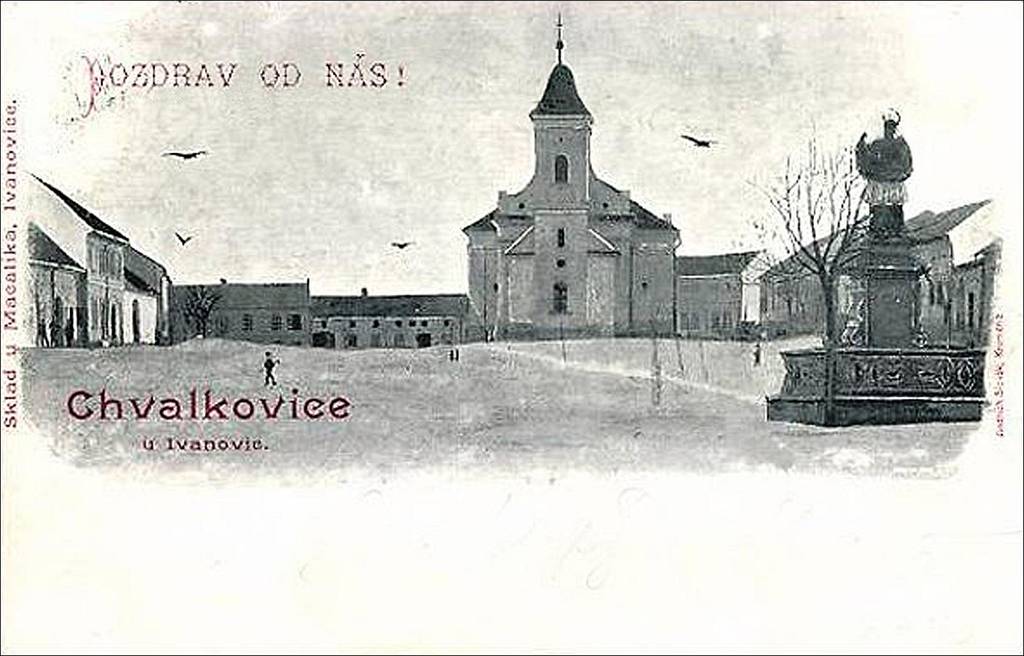 001_chvalkovice_pozdrav-w.jpg - Chvalkovice na Hané - pohled kolem roku 1900